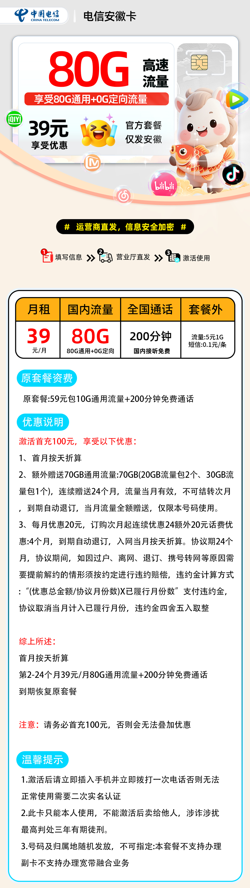 电信安徽卡【安徽省内】 详细图